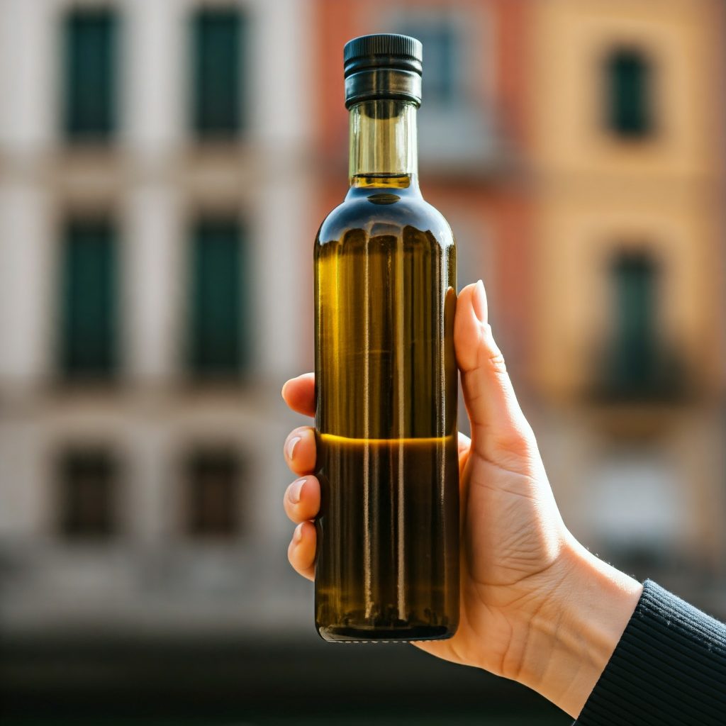 A person holds a bottle of olive oil on June 21, 2024, in Barcelona, ​​Catalonia, Spain.